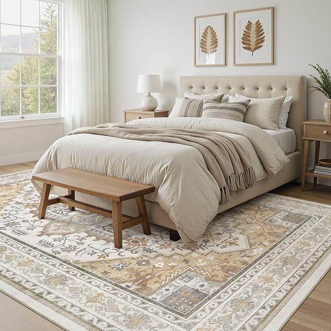 UERMEI 6x9 Area Rug for Living Room - Washable Vintage Carpet, Non-Slip Soft Large Indoor Floor Rugs for Bedroom Home Office & Under Dining Table Decor, Brown Beige