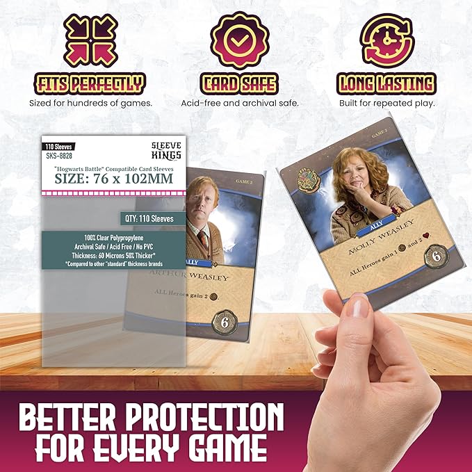 Sleeve Kings Standard Card Sleeves – 110 Count, Clear 60 Micron Thickness, Large Size (76 x 102 mm), Compatible with Hogwarts Battle & More – SKU: SKS-8828