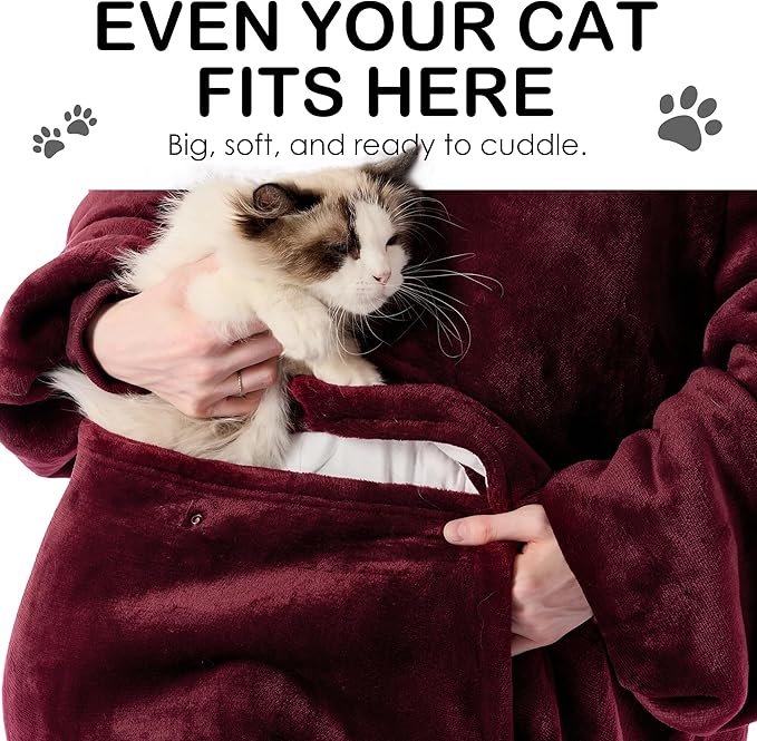 Krifey Big & Tall Wearable Blanket Hoodie with Cat Pocket, Extra Long Oversized Fleece Blanket for Adults, Cozy Birthday Gifts, Christmas Gifts