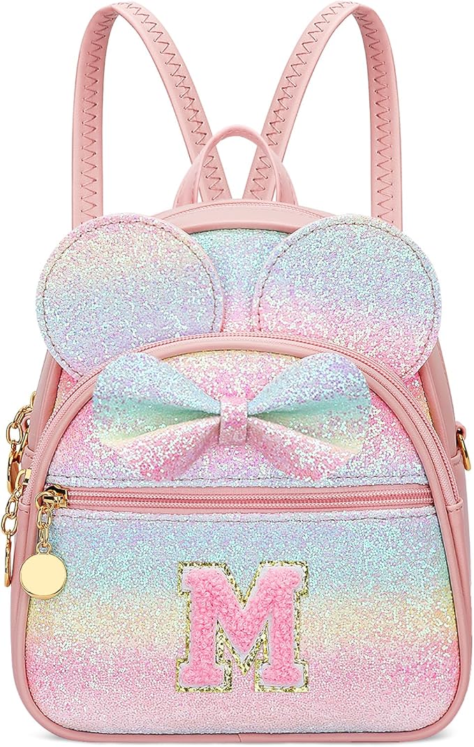 KKXIU Initial Bowknot Mini Backpacks for Girls Women, Small Cute Backpack Purse, Personalized Valentines Day Gifts for Toddler, Kids and Teen Girls(M, Rainbow)