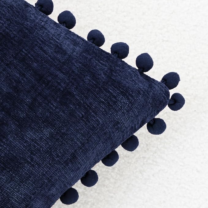 CaliTime Decorative Couch Throw Pillow Covers 20 X 12 Inches Navy Blue | Pack of 2, Cozy Chenille Cushion Cases, with Pom Poms for Sofa Bed Living Room Farmhouse Home