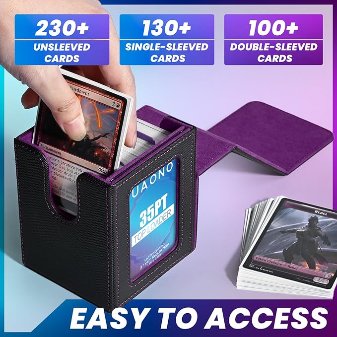 UAONO Card Deck Box with MTG Commander Display, Deck Case Holds 100+ Double-Sleeved Cards, Trading Card Storage Box Fits TCG/PTCG/Sports Card with 2 Dividers, 1 Top Loaders (Black, Purple)