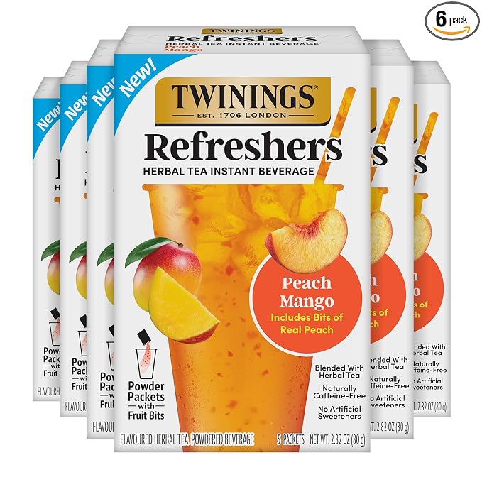 Twinings Peach Mango Refreshers, Herbal Tea Instant Beverage with Real Peach Fruit Bits, 5 Count (Pack of 6), Café Style, No Artificial Sweeteners, Naturally Caffeine-Free Refreshment, 30 Packets