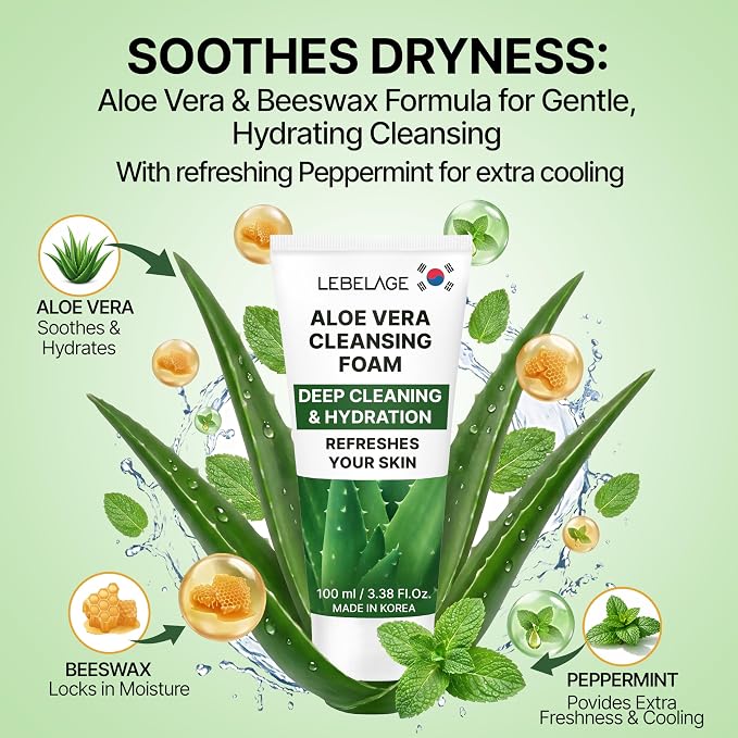 LEBELAGE Korean Aloe Vera Facial Cleanser 3.38 oz | Cleansing Foam Face Wash | Low pH Gentle Hydrating Daily Facial Cleanser Sensitive Skin | Deep Cleansing Foaming Cleanser, Pore Care-All Skin Types