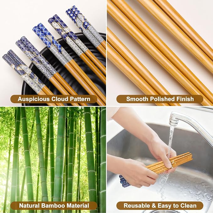 Antner 5 Pairs Bamboo Chopsticks Reusable Chopstick Exquisite Japanese Style Chop Sticks with Black Box for Sushi, Ramen, Hot Pot and Asian Dining, 8.8 Inch/22.5cm Gift Set