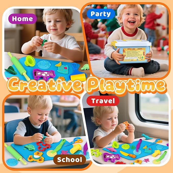 VConejo Dough Tools Play Sets for Kids, 37pcs Clay and Dough Accessories with Storage Container, Mat, Cutters, Rolling Pins, Safety Scissors, Stamps, Animal and 3D Dino Makers for Boys Girls