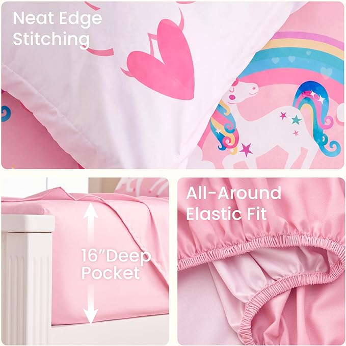 Joiedomi Kid Twin Comforter Set 5 Piece Unicorn Rainbow Bedding Set for Boys/Girls Super Soft Microfiber Bed in a Bag with Comforter Sheets Pillowcase & Sham
