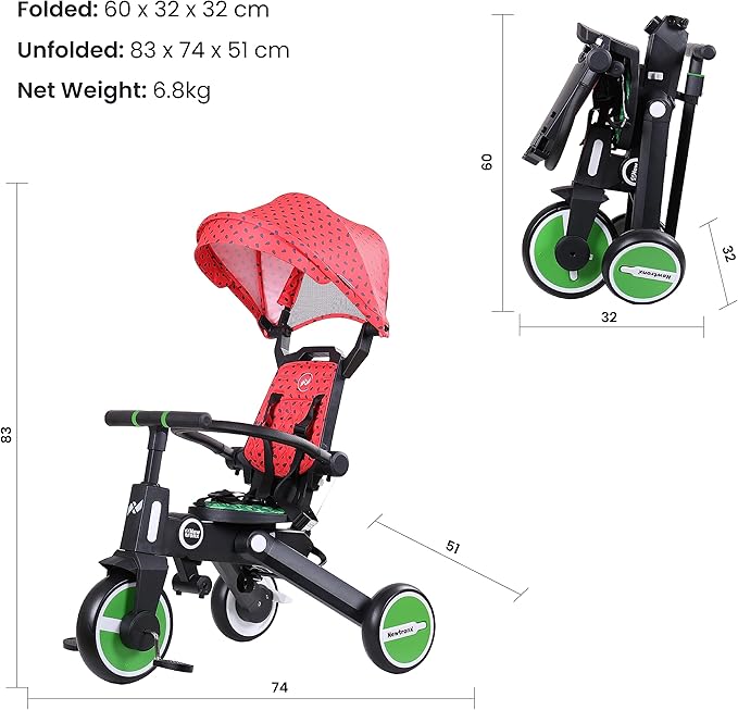 Adventure Pro Summer Edition - Foldable Tricycle for Toddlers-Big Canopy, Basket,Travel Backpack and Parent Bag - Toddler Tricycle for Ages 10 Months to 5 Years (Watermelon/Red)