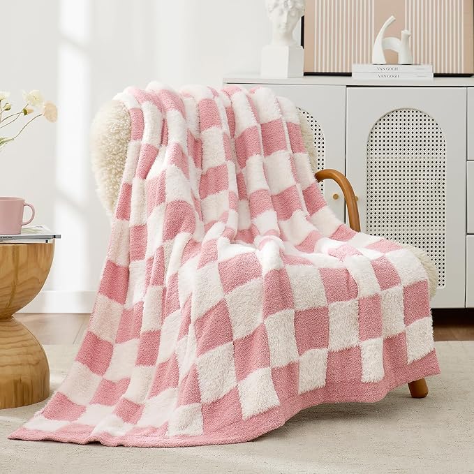Snuggle Sac Pink Checkered Throw Blanket Faux Fur Microfiber Blankets for Couch,Cozy Soft Warm Blanket for Sofa Bedroom Living Room,Pink Checker,50x60 inches