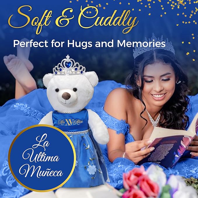 Quinceañera Teddy Bear 18-inches Tall with Dress for 15th Birthday, Quince Bear with Matching Crown, Ideal Keepsake for 15th Birthday, Mis XV Años - Dark Blue