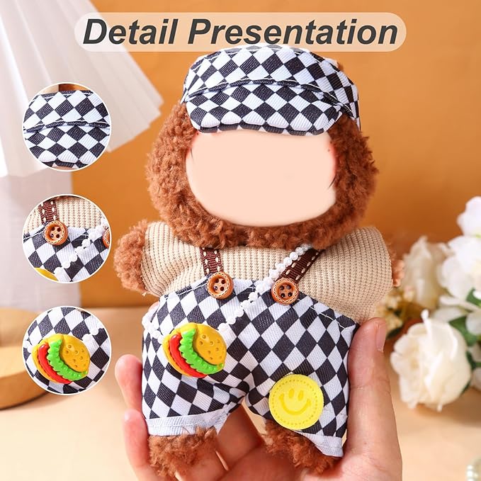 17cm Doll Clothes Set (No Doll) – Outfit with Hat & Overalls, Handmade Accessories for Mini Dolls, OB11-Compatible Dress-Up Gift (Checkered Flag)