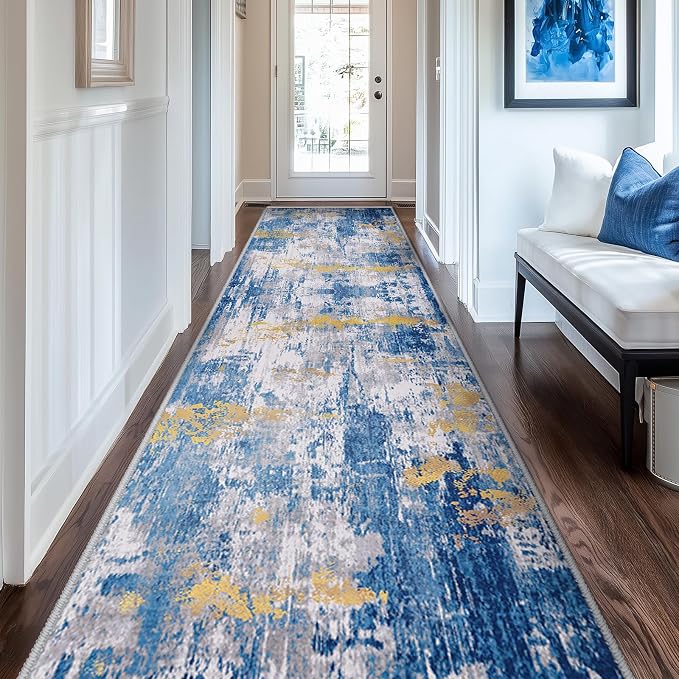 RELEANY Washable Runner 2'x10' Abstract Area Rug for Hallway Blue Gold | carpet for kitchen, entryway, bathroom, living room, bedroom, printed pattern, non-slip, soft, stain-resistant, easy to clean