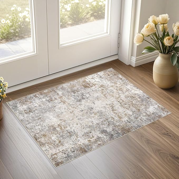 UERMEI 2x3 Entryway Area Rug, Machine Washable Neutral Modern Small Carpet, Non-Slip Low Pile Front Door Mat for Inside House Kitchen and Bathroom, Kid & Pet Safe, Brown Grey