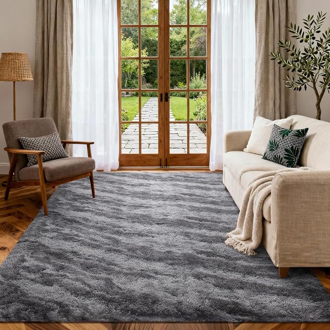 Area Rugs for Living Room, Tie-Dyed 4x6 Feet Soft Fluffy Shagg Plush Rug High Pile Large Indoor Modern Non-Slip Floor Carpet for Bedroom Nursery Kids Home Room Dorm Decor Aesthetic Grey
