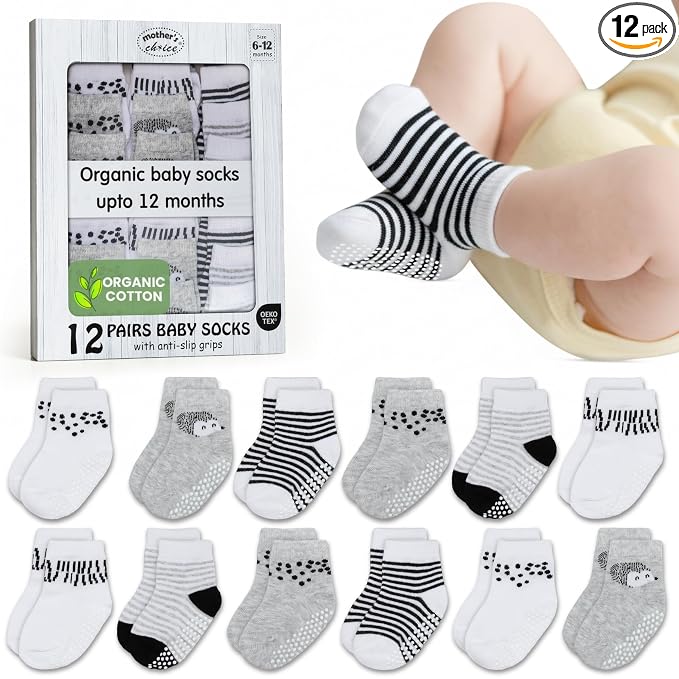 Mother's Choice Organic Cotton Baby Socks 6-12 Months - 12 pairs Unisex, Infant White Socks With Grips, Soft 12 Months Girls & Boy Sock, Play & Gap Baby Slipper Sock Girl Sock for Babies Registry