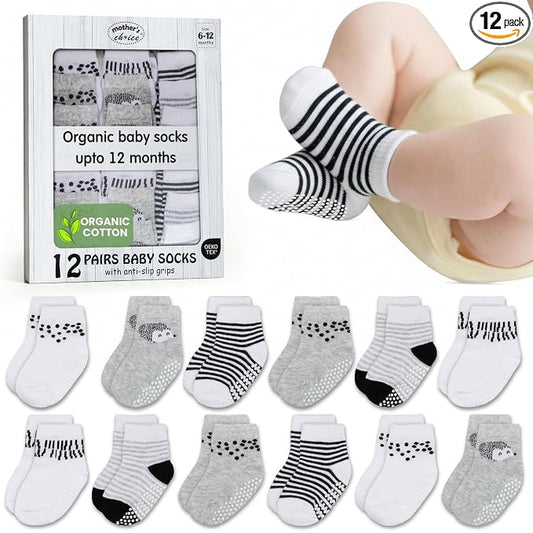 Mother's Choice Organic Cotton Baby Socks 6-12 Months - 12 pairs Unisex, Infant White Socks With Grips, Soft 12 Months Girls & Boy Sock, Play & Gap Baby Slipper Sock Girl Sock for Babies Registry