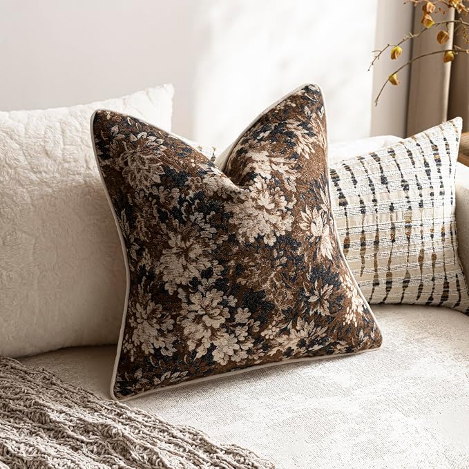 Pack of 2 Vintage Floral Euro Sham Covers 26x26 Boho Farmhouse Accents Chenille Square Decorative Throw Pillow Cases for Living Room Couch Bed Home Decor, Dark Brown