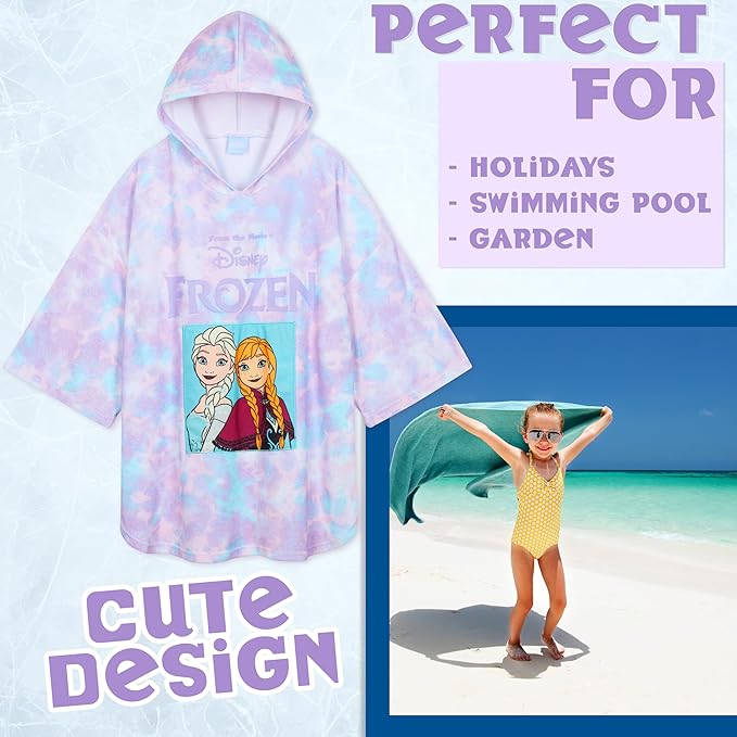 Disney Stitch Bath Towel with Hood for Kids Teenagers Absorbent Cozy Poncho Hooded Beach Towel Wrap for Beach Pool Swimming Bath Vacation Essentials (Purple/Blue Frozen, 5-9 Years)