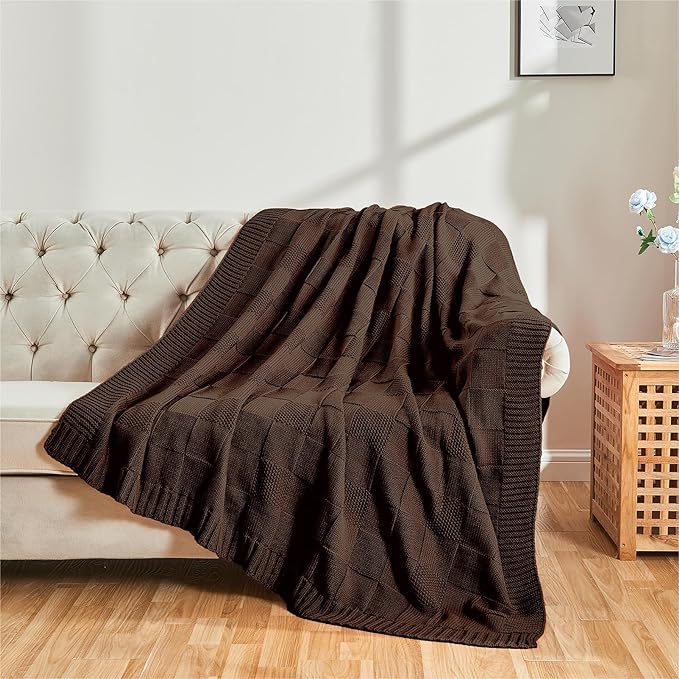 CozeCube Dark Brown Knitted Checkered Throw Blanket 60"X80" | Check Knit Throw for Couch, Decorative Christmas Soft Cozy Warm Blanket for Bed Sofa Living Room