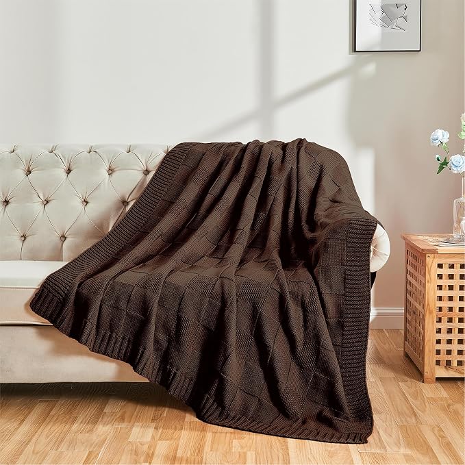 CozeCube Dark Brown Knitted Checkered Throw Blanket 50"X60" | Check Knit Throw for Couch, Decorative Christmas Soft Cozy Warm Blanket for Bed Sofa Living Room