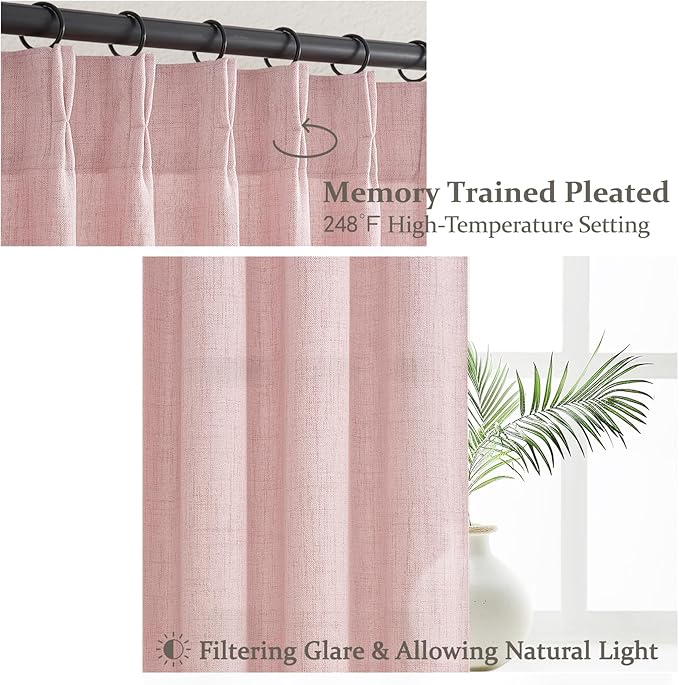 Light-Pink Floor to Ceiling Semi Sheer Extra Long Curtains 108 Inches Length for Office, Pinch Pleat Linen Light-Filtering Privacy Curtain That Let Light in Sunroom Baby Pink 108 Inch Drapes 2 Panels