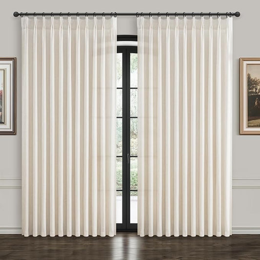 60 Inch Wide 96 Inches Long Natural Linen Light Beige Patio Curtains for Sliding Glass Door, Neutral Pinch Pleated Light Filtering Bedroom Sheer Aesthetic Windows Curtain & Drapes Back Tab 2 Panel Set