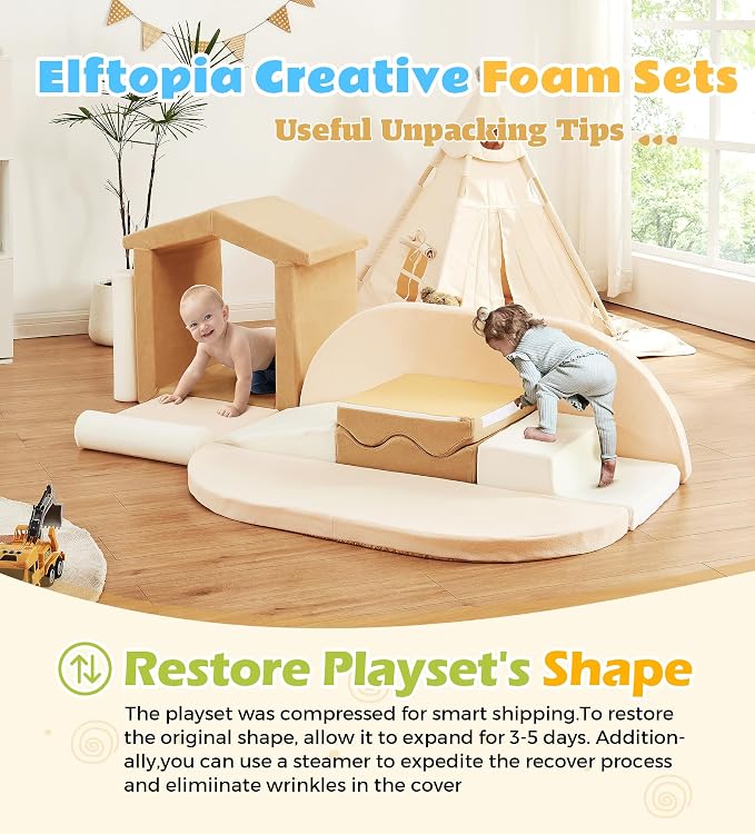 Elftopia 10-Piece Foam Climbing Blocks with Ramp & Stairs for Toddlers,Soft Play Gym Set,Foam Toddler Climbing Toys for Indoor Crawling,Sliding & Creative Play-Classic Color