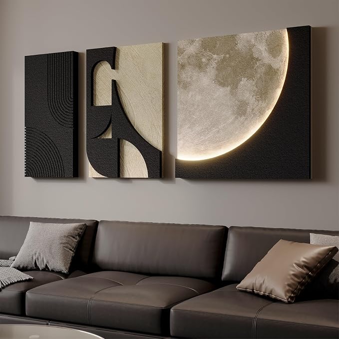 3D LED Wall Art with Moon Design, Lighted Abstract Wall Decor Set, 3 Piece | Warm LED glow, textured moon design, black and beige tones, easy to hang, wall decor for living room bedroom and entryway