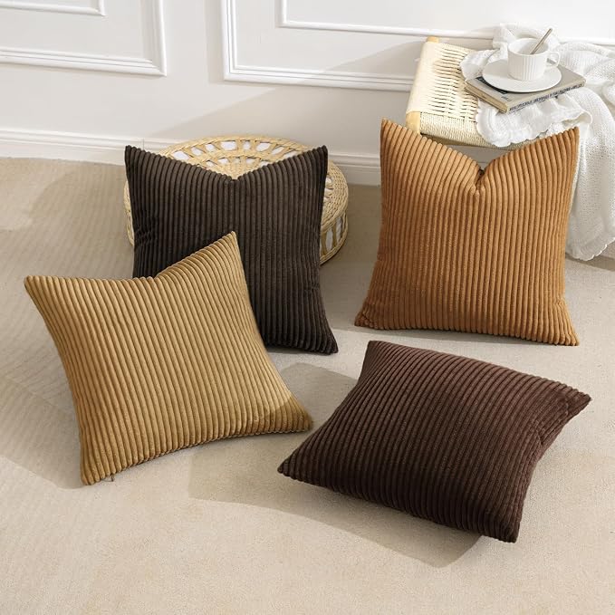 MIULEE Fall Corduroy Decorative Throw Pillow Covers Camel Brown 20x20 | Set of 4, Mordern Rustic Fall Decor, Wood-Tone Deep Browns, Boho Farmhouse Cushion Covers for Couch Bed Sofa Living Room