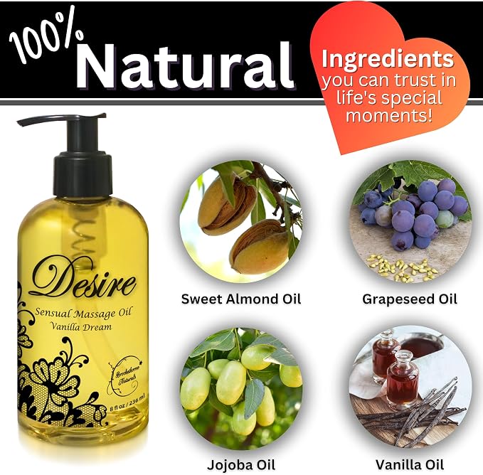 Desire Sensual Massage Oil for Date Night | Perfect for Couples | Hydrating Vanilla Body Oil | All Natural with Sweet Almond, Grapeseed & Jojoba for Smooth Glide 8oz