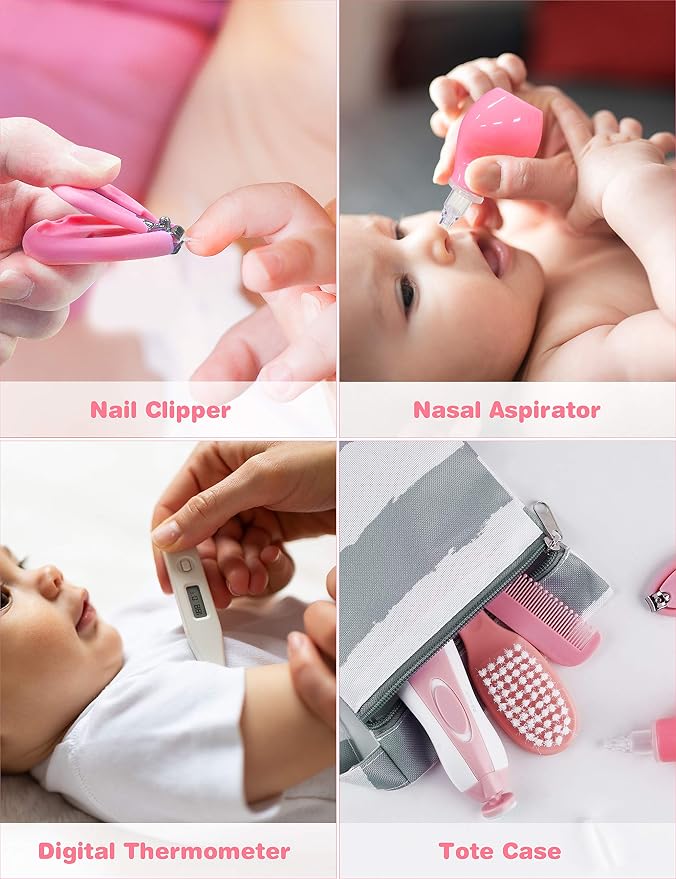 Baby Healthcare and Grooming Kit, 24 in 1 Baby Electric Nail Trimmer Set Newborn Nursery Health Care Set for Newborn Infant Toddlers Baby Boys Girls Kids Haircut Tools (0-3 Years+) (Pink)