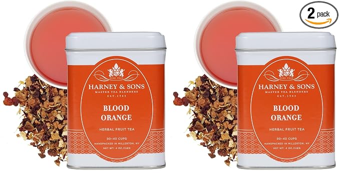 Harney & Sons Blood Orange Fruit Tea| 4 oz Loose Leaf Herbal Tea w Apple Pieces and Raspberry,(Pack of 2)
