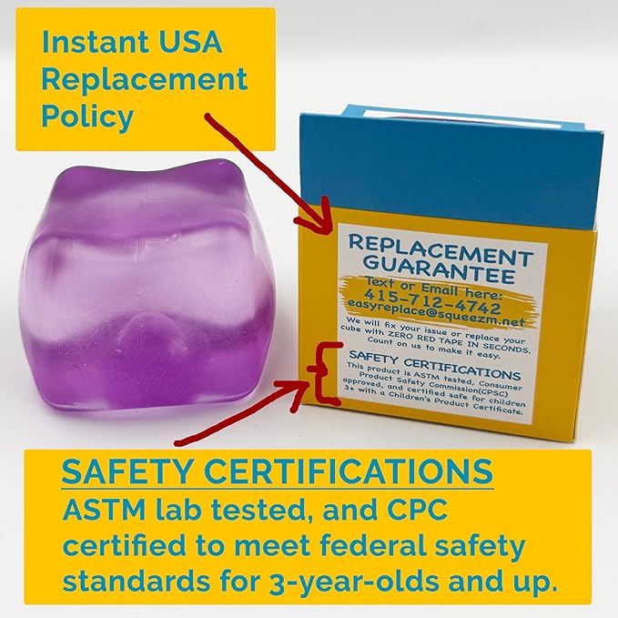 Premium Big Block Squeez'M Cube – 35% Larger Squishy Toy for Kids & Adults– Giftable for Unique Holiday, Birthday & Office Gift – Focus & Fun – US Brand & Instant Replace Policy, 3+(Purple Cube)