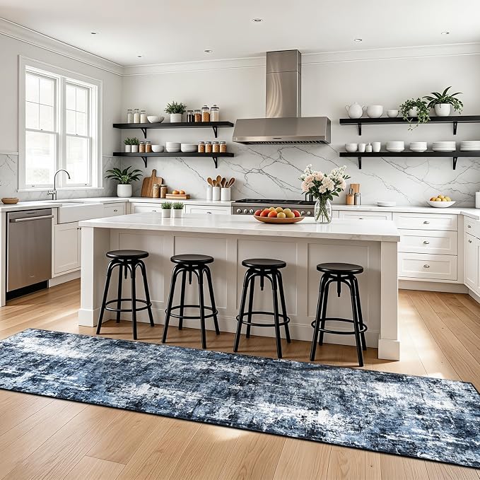 Rugflix 3x10 Runner Rug for Hallway, Washable Navy Blue Long Runners | Machine Washable; Stain-resistant; Low Pile; Non-slip; Modern Abstract; Black Carpet for Entrance Kitchen Hallway Home