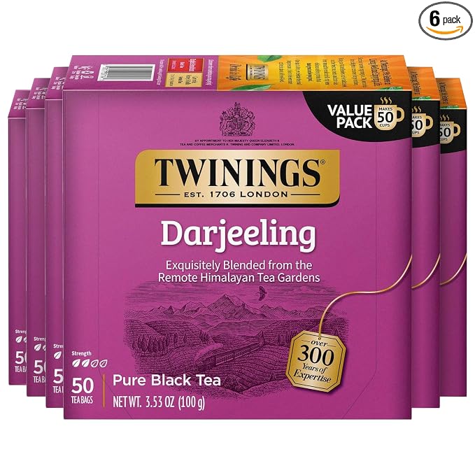 Twinings Darjeeling Black Tea Individually Wrapped Bags, 50 Count (Pack of 6), Delicate Light Taste, Caffeinated, Enjoy Hot or Iced, 300 Teabags
