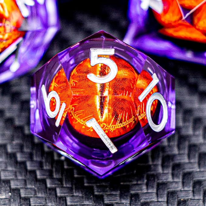 ARUOHHA DND Resin Dice Gazes Eye Dice Silver Purple Liquid Core Flaming RPG Sharp Edged Dice Set with Gift Box, Polyhedral D and D Dice Set Compatible with Dungeons Dragons Role Playing Game D20 D6