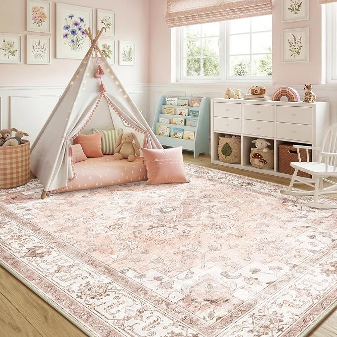 CAPALOCA 5x8 Washable Nursery Girls Low Pile Area Rug Pink | Non-Slip Soft Rugs for Bedroom Kids Playroom Living Room, Print Pattern Water Repellent Carpet Indoor Decor