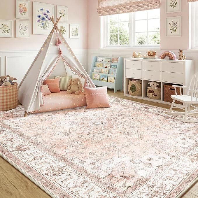 CAPALOCA 8x10 Washable Nursery Girls Low Pile Area Rug Pink | Non-Slip Soft Rugs for Bedroom Kids Playroom Living Room, Print Pattern Water Repellent Carpet Indoor Decor
