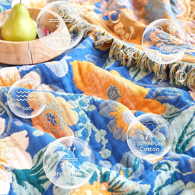 LUTBM Boho Throw Blanket for Couch 50"x60", Cotton Decorative Bed Throws | Blue Reversible Florals Jacquard, All-Season Lightweight Soft Blanket, For Chair Sofa Bedroom Living Room Decor