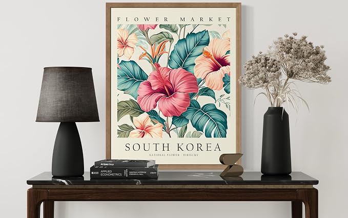 South Korea Flower Market Art Print Poster, Wall Art Floral Painting Botanical Decor for Bedroom, Kitchen, Bathroom Livingroom Decoration 82B (South Korea, 20"L x 16"W, Wood Frame)