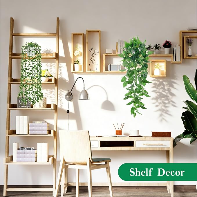 Der Rose 8Pcs Fake Hanging Plants with White Pots for Fuller Shelf Decor | Artificial Plants Indoor with mixed trailing greenery brighten bathroom, kitchen, bedroom, shelf and wall decor