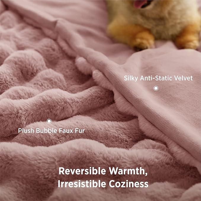 Bedsure GentleSoft Bubble Faux Fur Blankets Queen Size, Fluffy Fuzzy Queen Blanket for Bed, Soft Cozy Faux Fur Bedding for Winter, Thick Warm Plush Bed Cover, Dusty Rose, 90x90