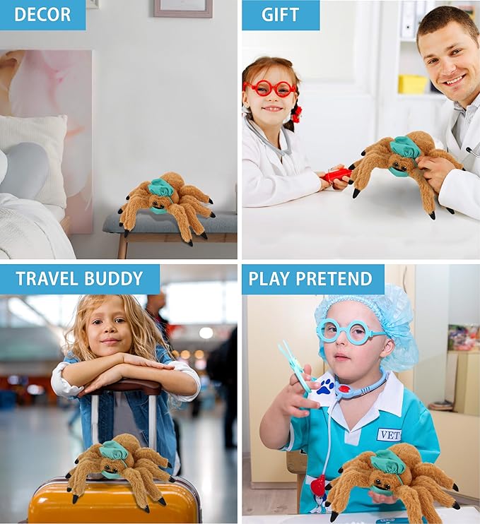 DolliBu Brown Spider Doctor Plush Toy - Super Soft Spider Doctor Stuffed Animal Dress Up with Cute Scrub Cap and Face Mask Outfit - Fluffy Doctor Toy Plush Gift - 7 inches
