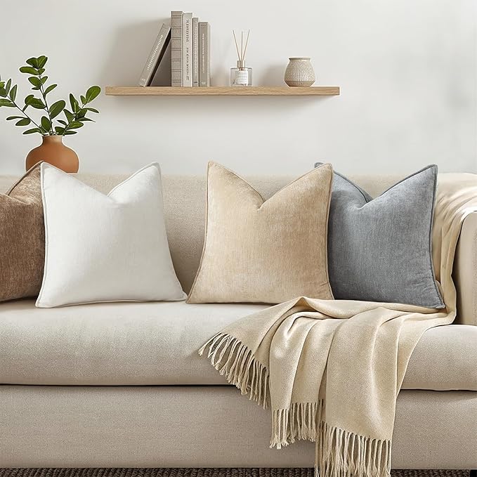 decorUhome Chenille Cream White Velvet Throw Pillow Covers 26x26 Set of 2 | Fall Soft Euro Sham Couch Decorative Modern Farmhouse Pillow Cases with Elegant Design for Sofa Bed Living Room Home Decor