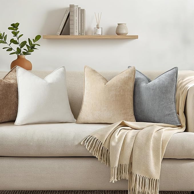 decorUhome Chenille Beige Velvet Throw Pillow Covers 18x18 Set of 2 | Fall Soft Couch Decorative Modern Farmhouse Pillow Cases with Elegant Design for Sofa Bed Living Room Home Decor