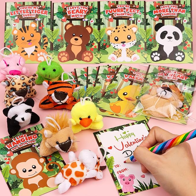24 Pack Valentines Day Cards for Kids Classroom with Valentines Animals Plush Toys Valentines Day Gifts for Kids School Valentines for Class Exchange Cards Valentines Party Favors Prizes Girls Boys