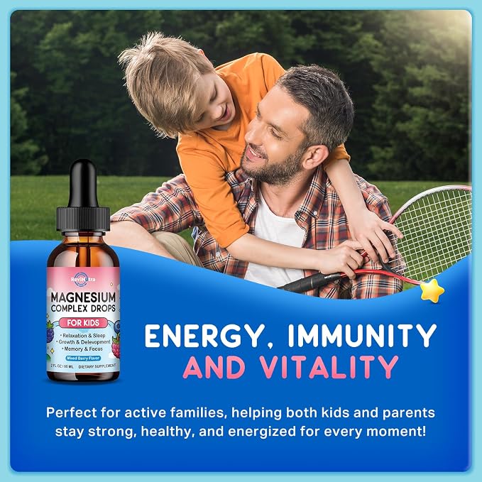 (2 Pack) Magnesium Glycinate Liquid for Kids, Kids Magnesium Liquid Drops Supplement with L-Theanine, Calcium, Zinc, Vitamin D3 K2 for Sleep Calm Relaxation Brain Bones, Mixed Berry Flavor 4 Fl Oz