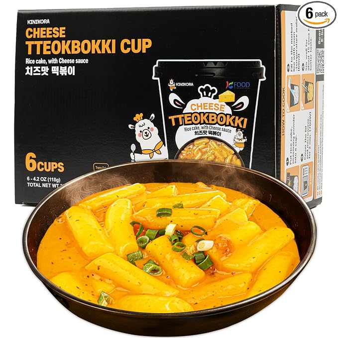KINIKORA Cheese Instant Rice Cake Cup 6-Pack, Korean Street Food Tteokbokki | Rich cheesy creamy sauce, Topokki style K-food, Chewy texture, Quick 2 min microwave cup meal, 6-pack bundle set