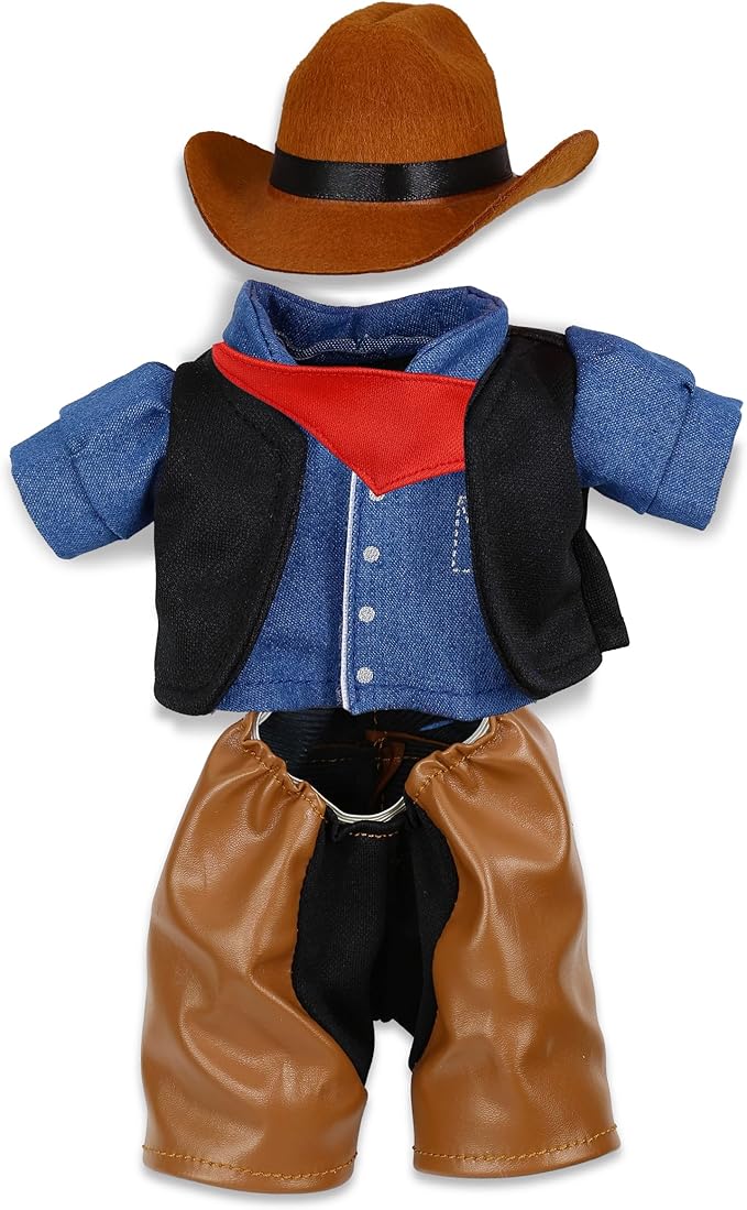 DolliBu Cowboy Stuffed Animal Dress Up Set - Western-Themed Outfit with Hat, Jeans, Vested Shirt, Bandana Cowboy Costume - Pretend Play Clothes for Teddy Bears - Large for 8 to 10 Inch Plush Toys