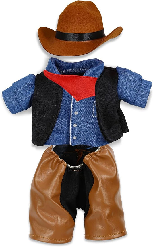 DolliBu Cowboy Stuffed Animal Dress Up Set - Western-Themed Outfit with Hat, Jeans, Vested Shirt, Bandana Cowboy Costume - Pretend Play Clothes for Teddy Bears - Large for 8 to 10 Inch Plush Toys